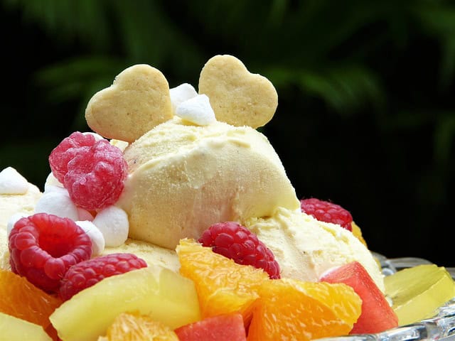 Icecream, fruits and cookies